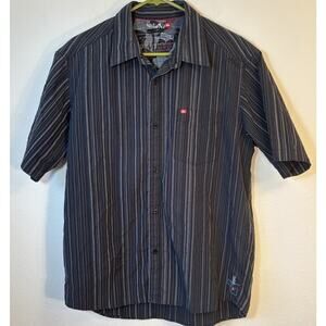 Quiksilver Men's M Y2K 90's Striped Black Button Down Skater Surfer Embroidered